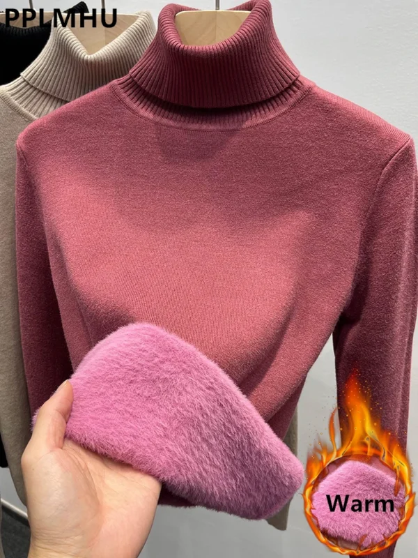 Thicken Velvet Turtleneck Sweater Women Korean Fashion Lined Warm Sueter Knitted Pullover Slim Top Winter Jersey Knitwear Jumper - Gambar 2