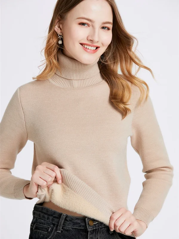 Thicken Velvet Turtleneck Sweater Women Korean Fashion Lined Warm Sueter Knitted Pullover Slim Top Winter Jersey Knitwear Jumper - Gambar 3